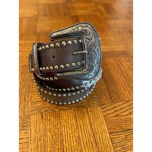 Leatherock Brown Studded Leather Belt with Engraved Silver Buckle